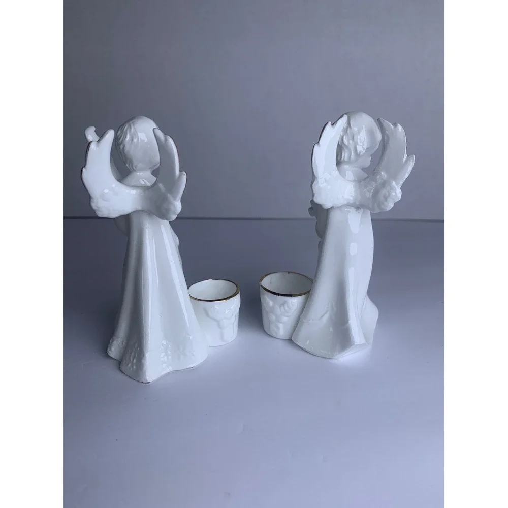Vintage Bone China Angel‎ Candle Holders Gold Trim Cherub Musicians Set of 2